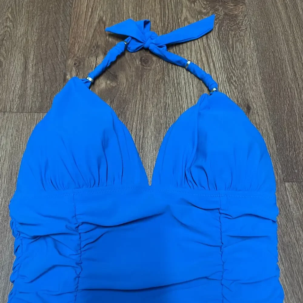 Lands End Solid Blue Ruched Slimming Womens Halter Tankini Swim Top Size 2
